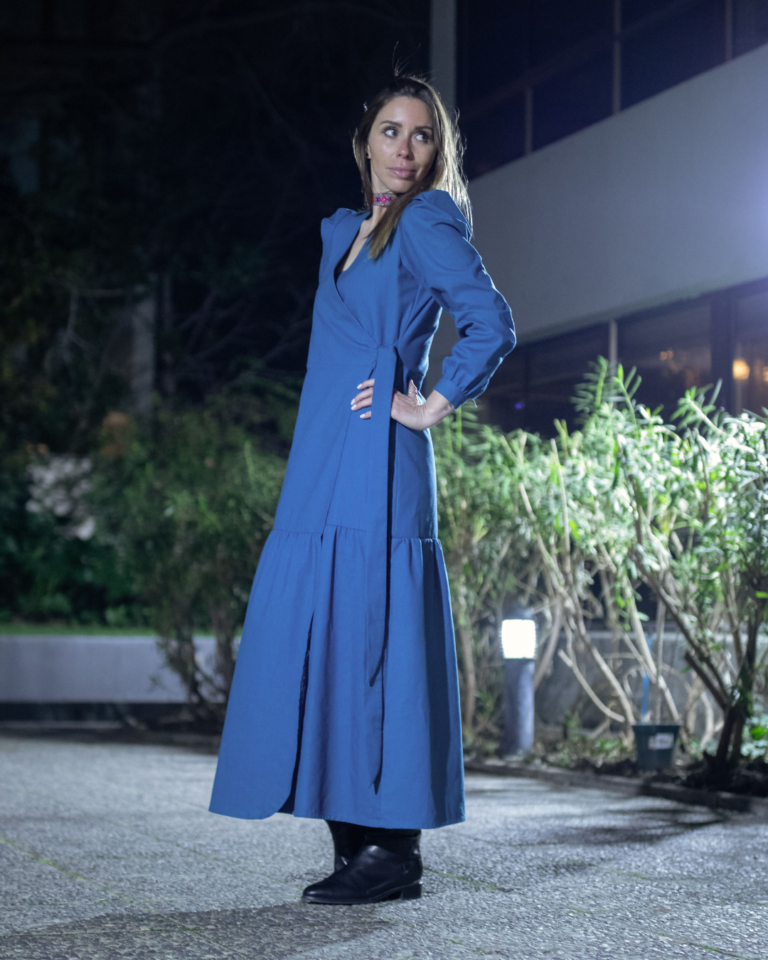 vestido cruzado color petroleo